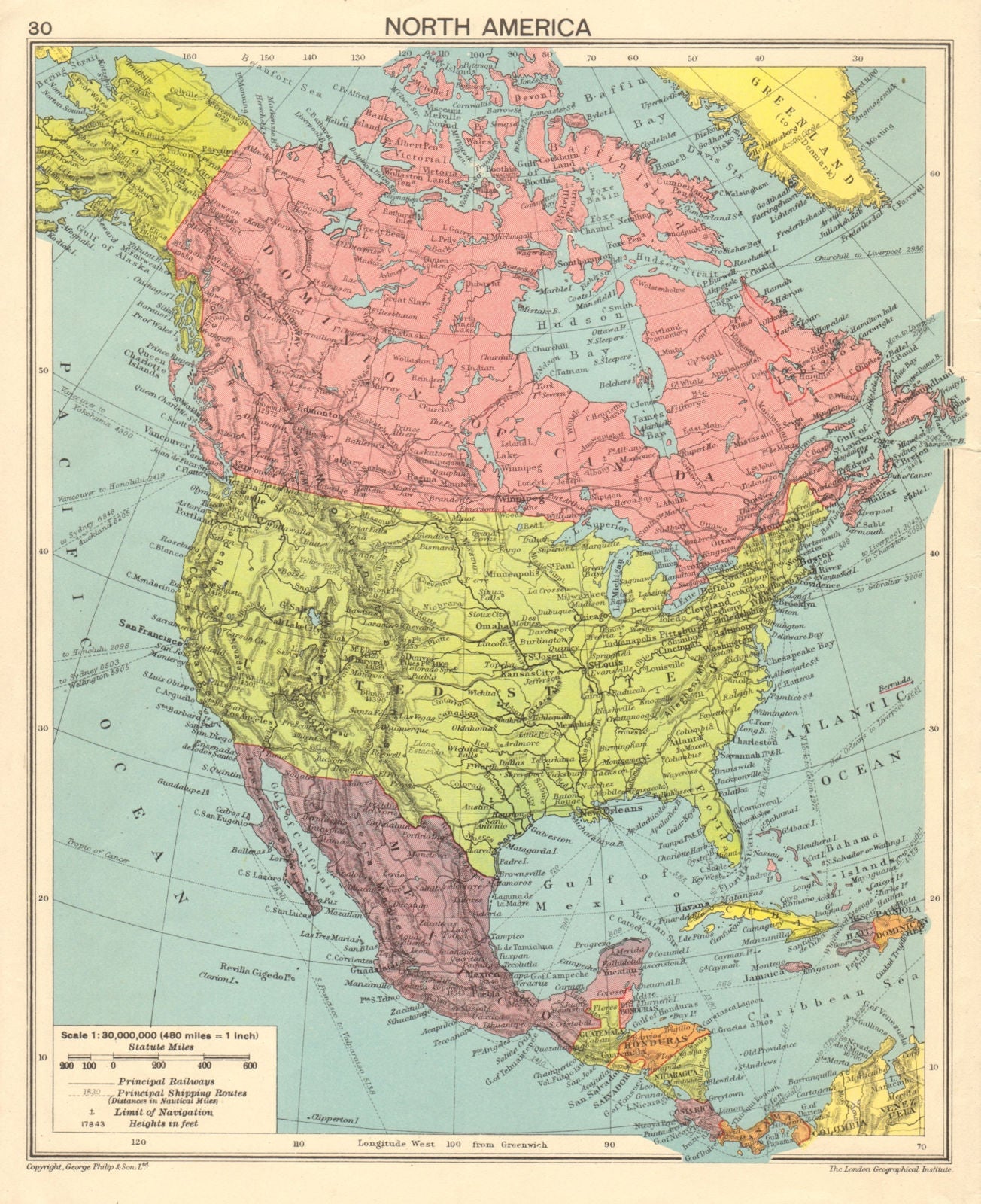 North America in 1943. Second World War. US Canada Mexico 1943 old vintage map